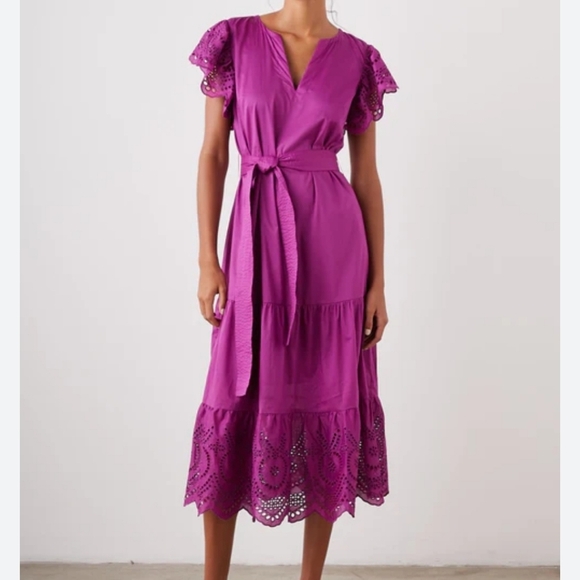 NWT Soft Surroundings Verena Tiered Cotton Eyelet Lace Midi Dress sz MP Magenta - Picture 1 of 14